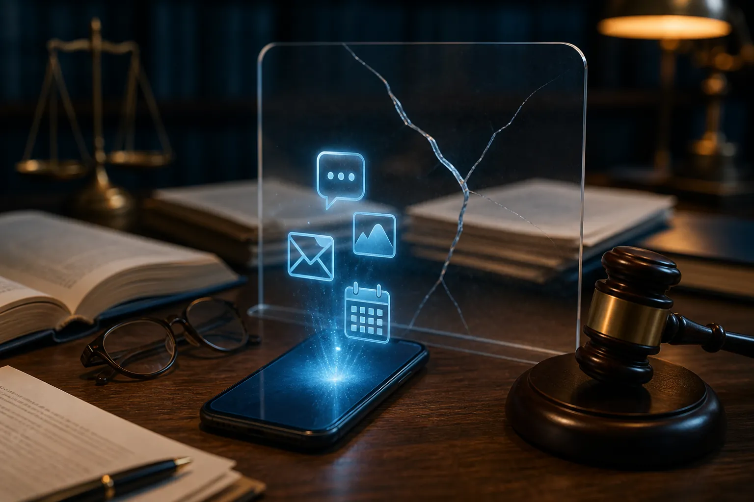 Smartphone glowing with AI light on a lawyer's desk beside legal documents, with message, photo, envelope, and calendar icons above it and a cracked shield behind it