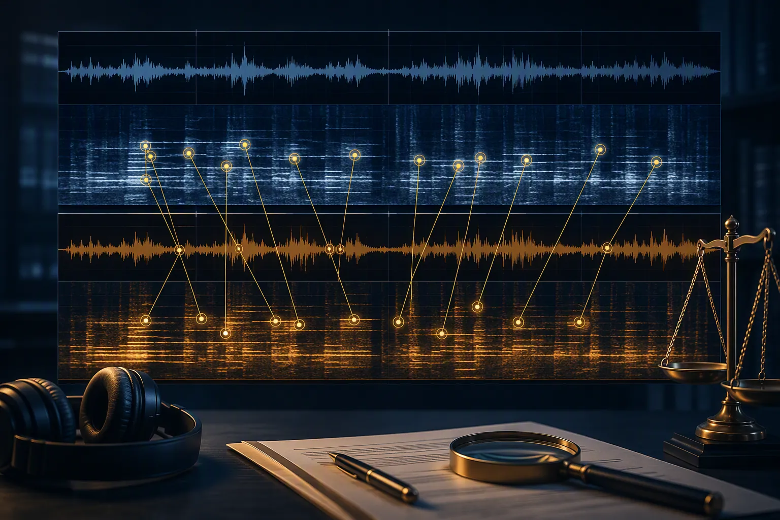 Forensic audio workflow showing two spectrogram tracks with fifteen highlighted frequency match points