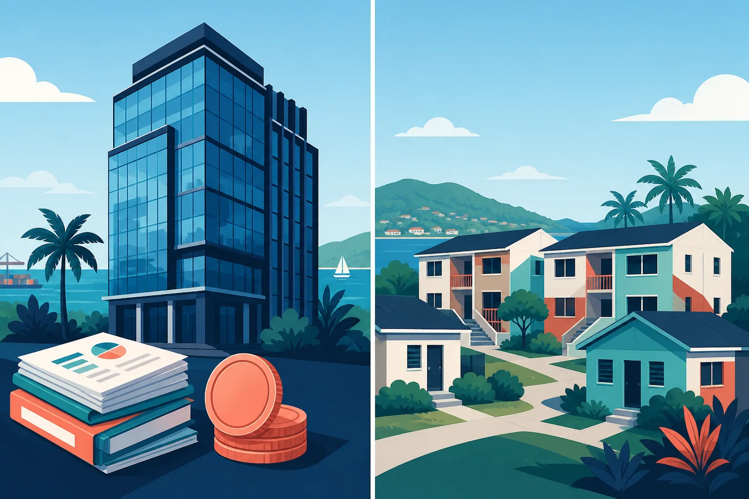 Split illustration distinguishing a finance authority office from a housing authority residential complex