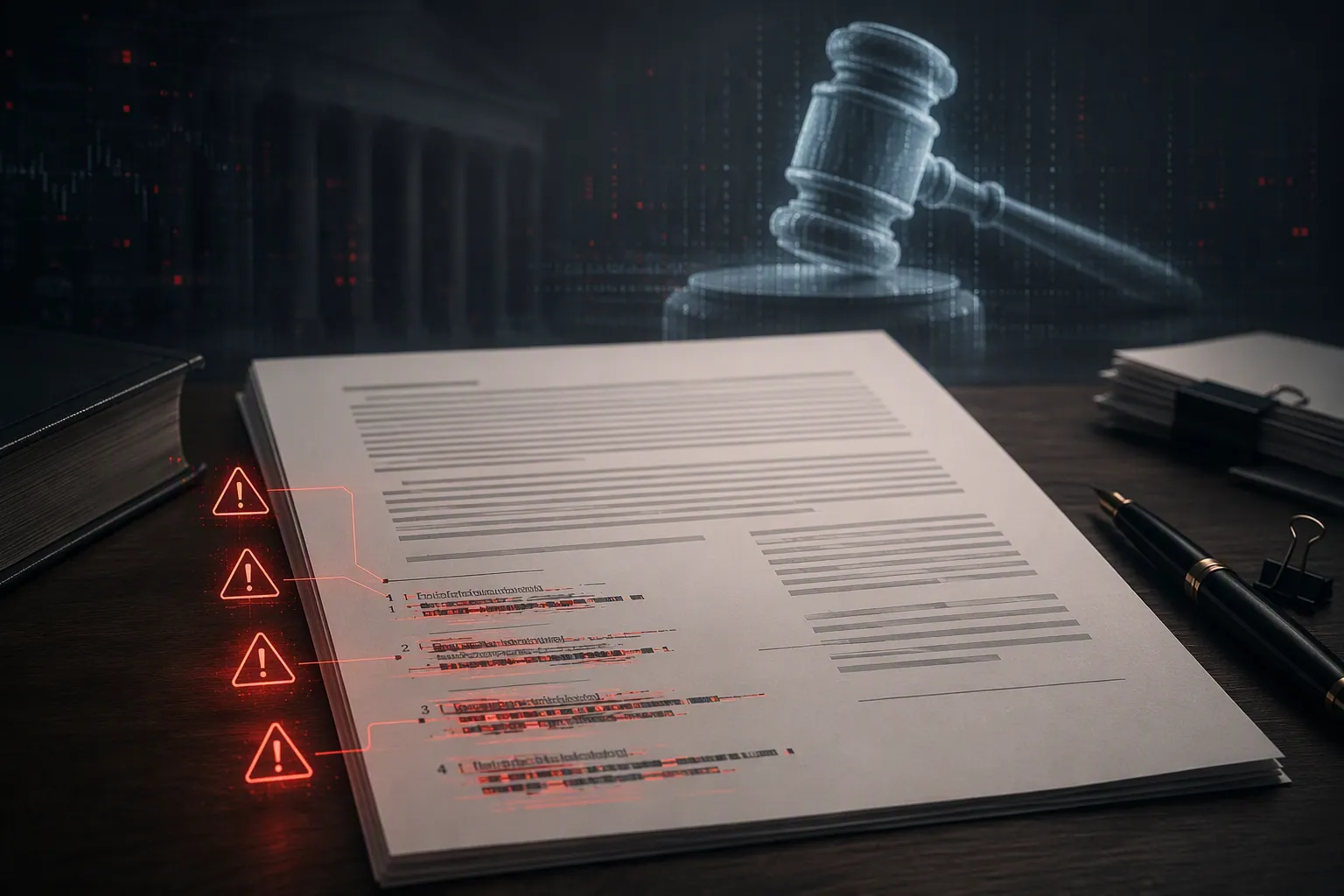 Legal document with warning indicators highlighting fabricated citation footnotes under judicial review