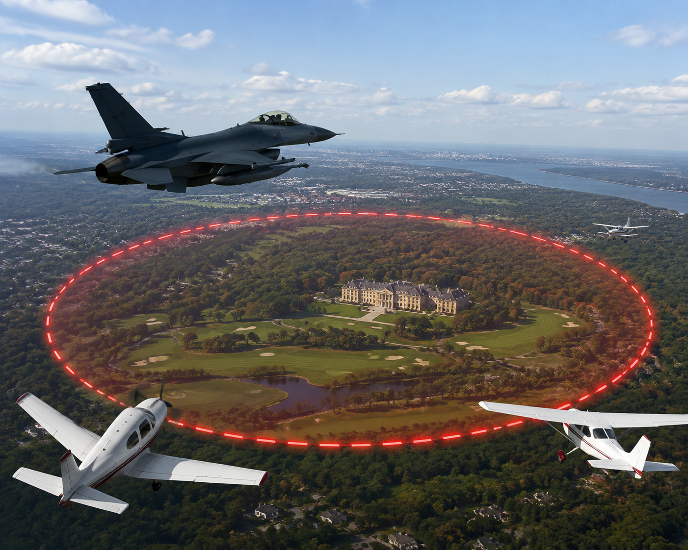 Restricted airspace over a New Jersey estate with an F-16 on patrol and a general aviation aircraft near the TFR boundary