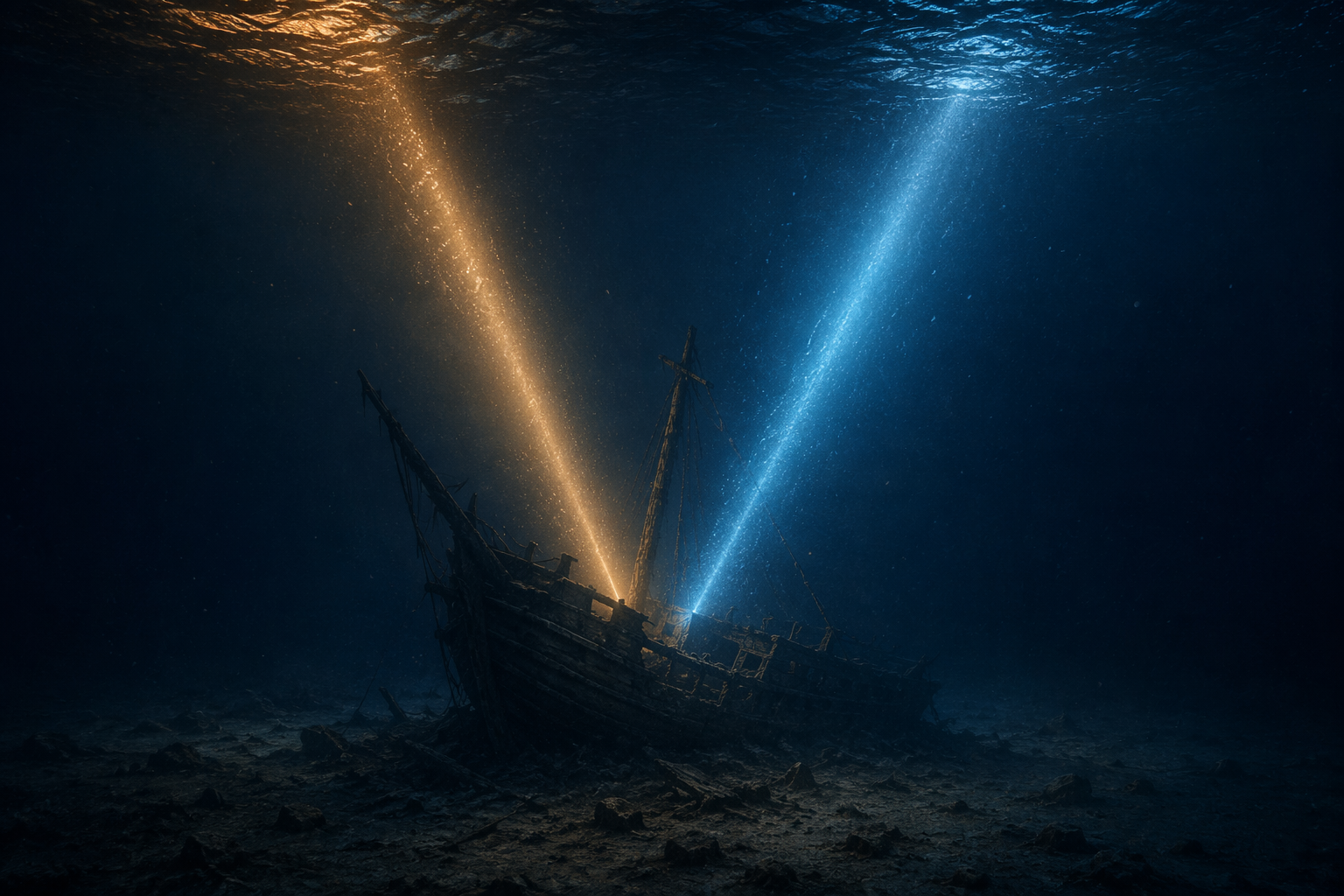 Shipwreck silhouette on the ocean floor with warm and cool beams of light rising through deep water