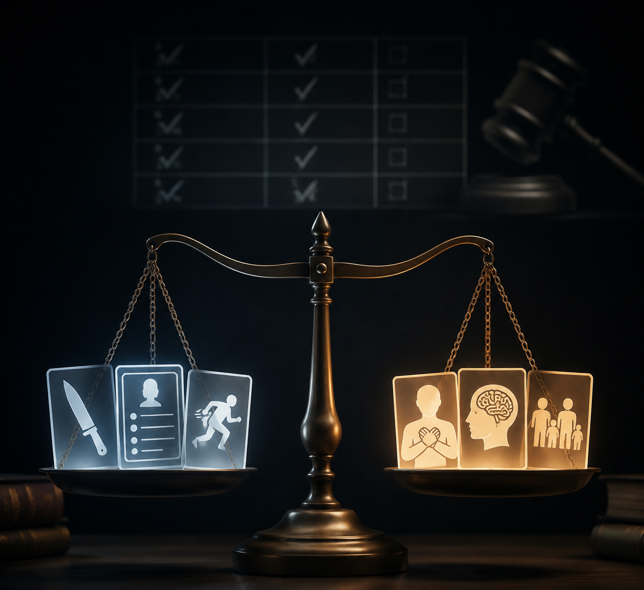 Balanced scale showing murder sentencing aggravating and mitigating factors