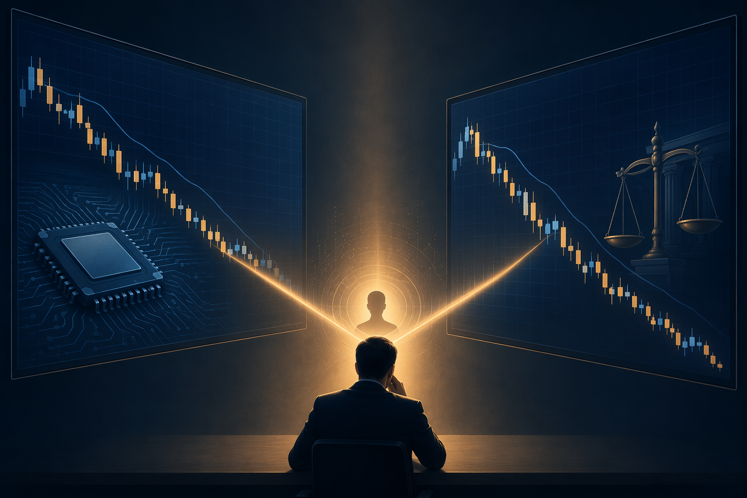 Two downward financial chart lines for semiconductor and legal technology markets converging under investor scrutiny