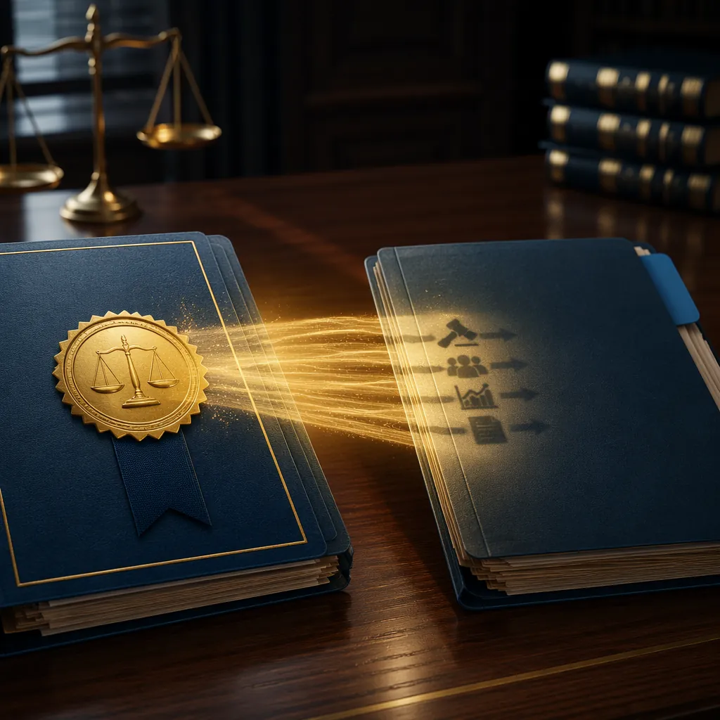Two legal case folders connected by a beam of light, suggesting findings moving from a verdict to a pending class action