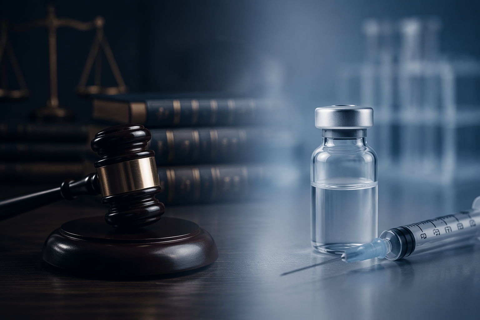Split image of a courtroom gavel and law books beside a vaccine vial and syringe