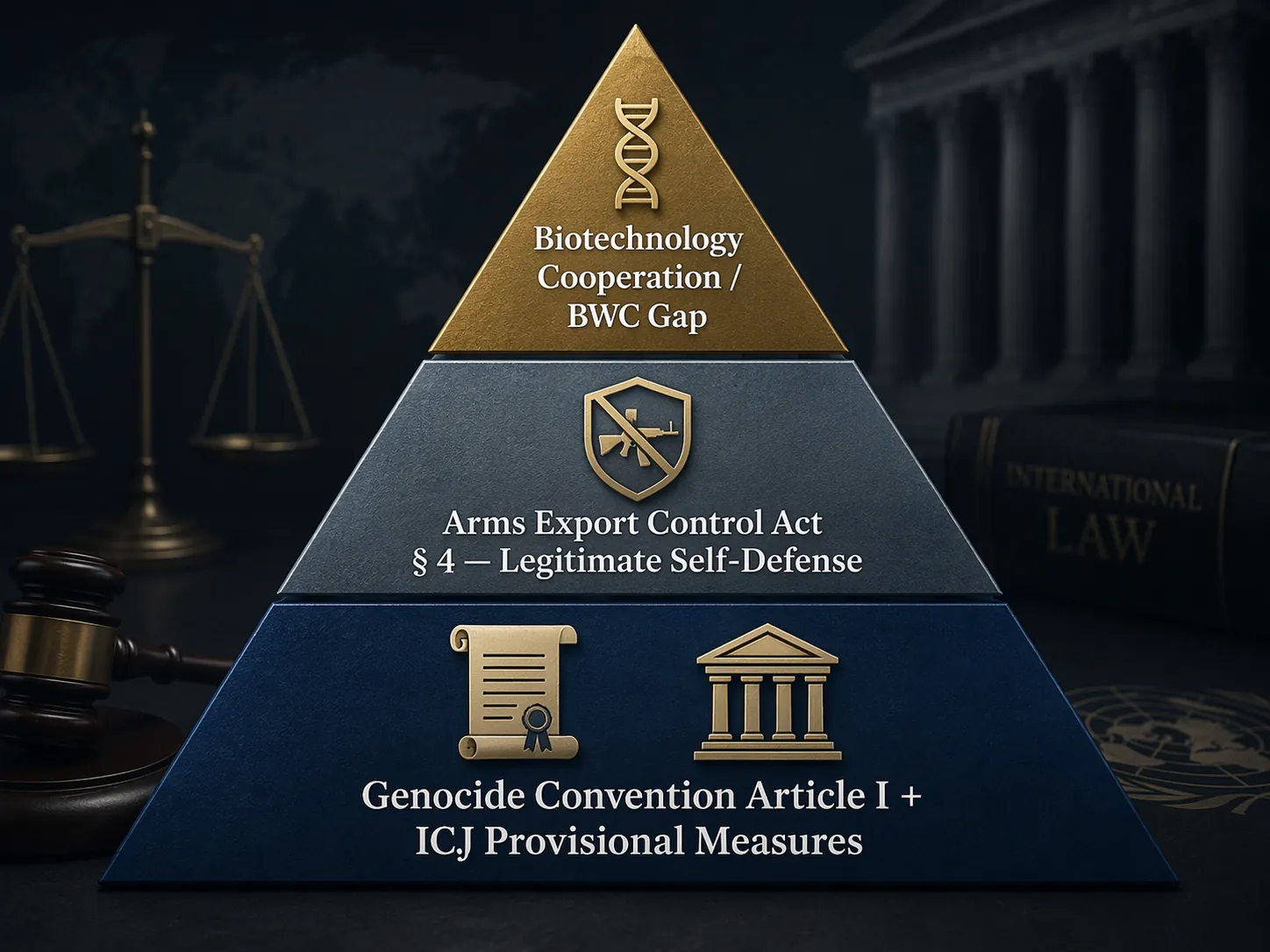 A three-tier legal risk pyramid showing treaty, statutory, and biotechnology layers