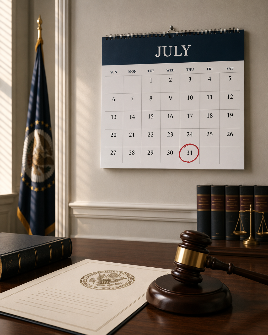 Legal office calendar with July 31 marked as a regulatory deadline
