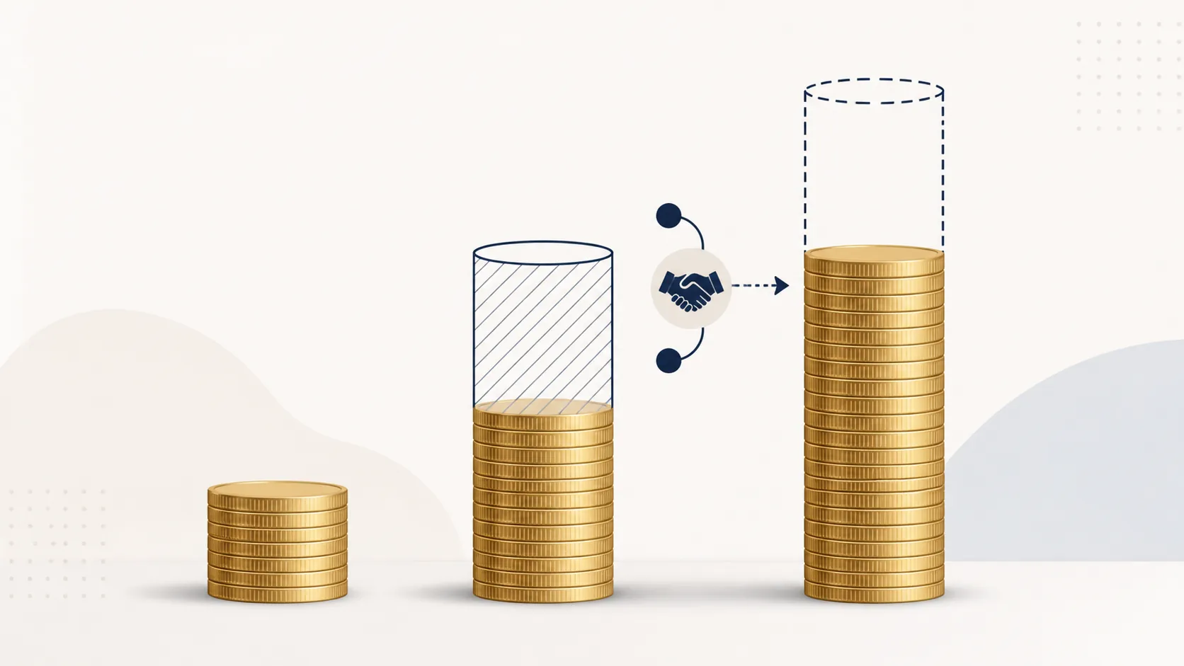 Three ascending bars made from gold coins showing a minimum, contingent middle tranche, and potential maximum
