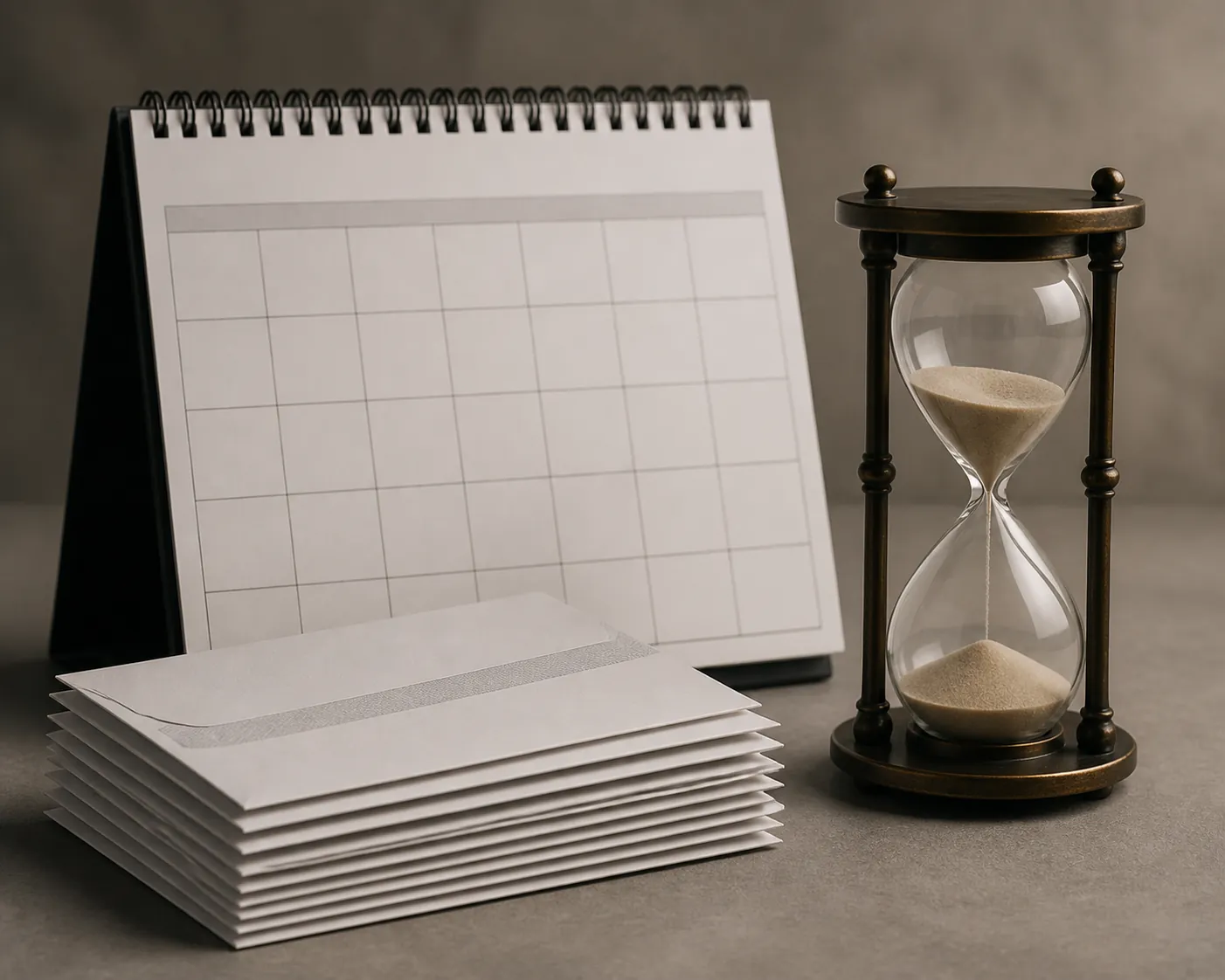 A desk calendar, running hourglass and stack of sealed ballot envelopes representing approaching mailing deadlines