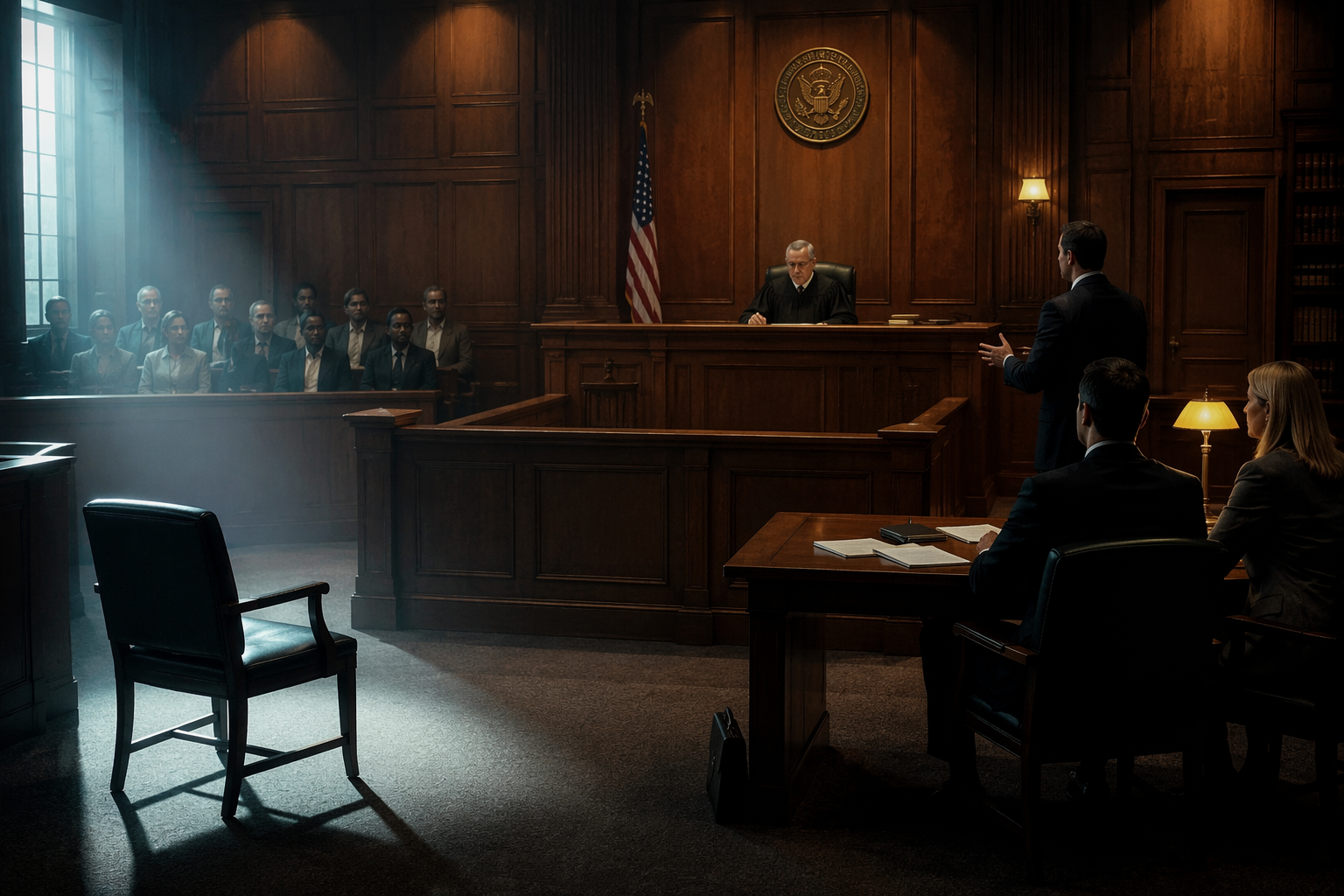 Courtroom with an empty defendant's chair as a trial continues