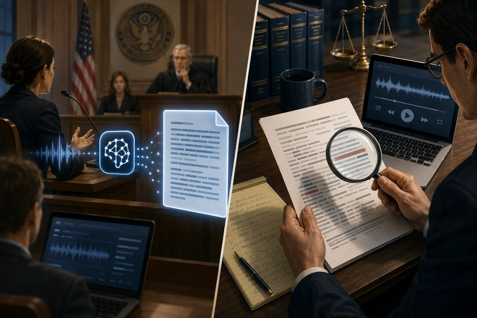 AI-generated hearing transcript being compared against notes and audio by a practitioner