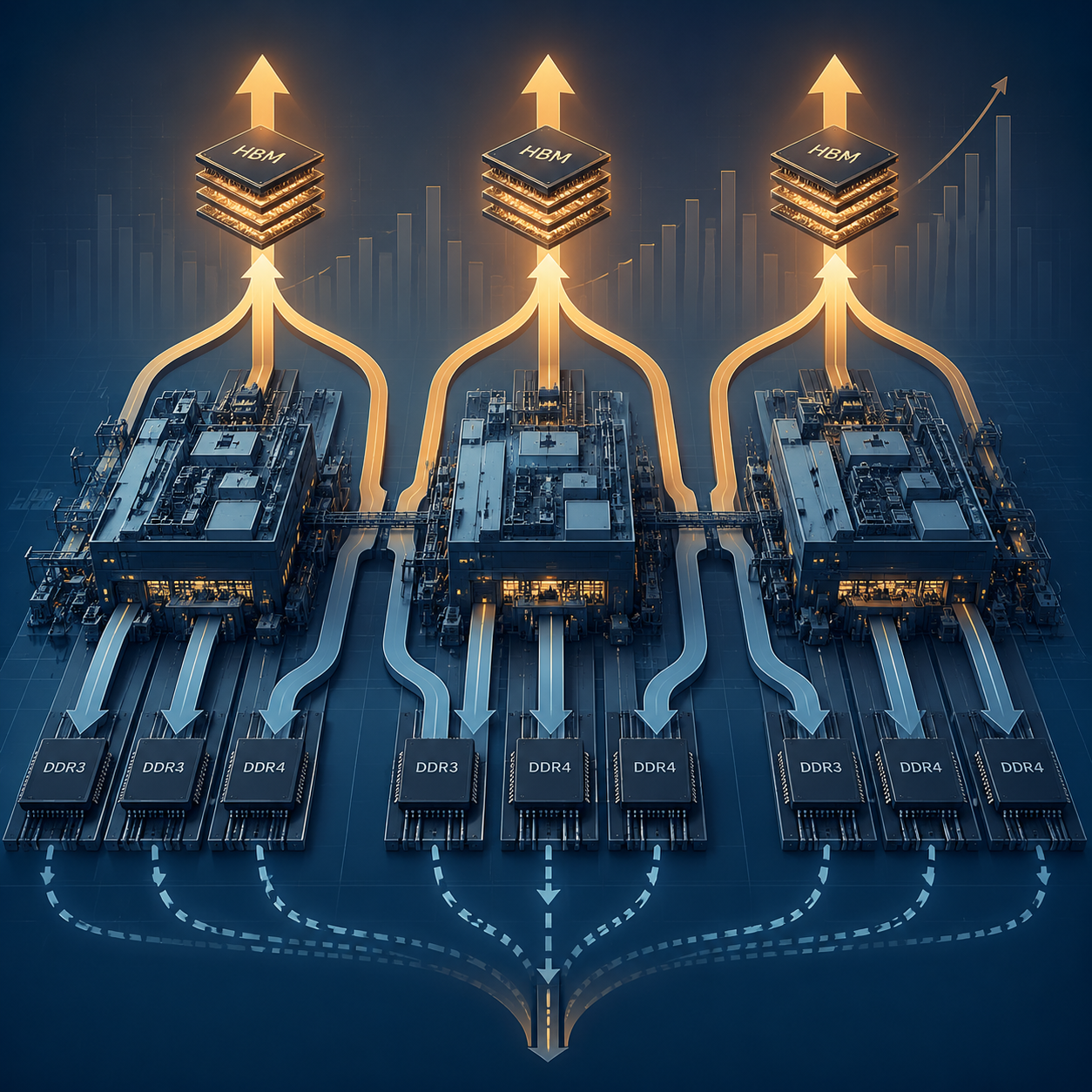 Interconnected semiconductor fabrication facilities diverting production from commodity DRAM toward HBM memory stacks