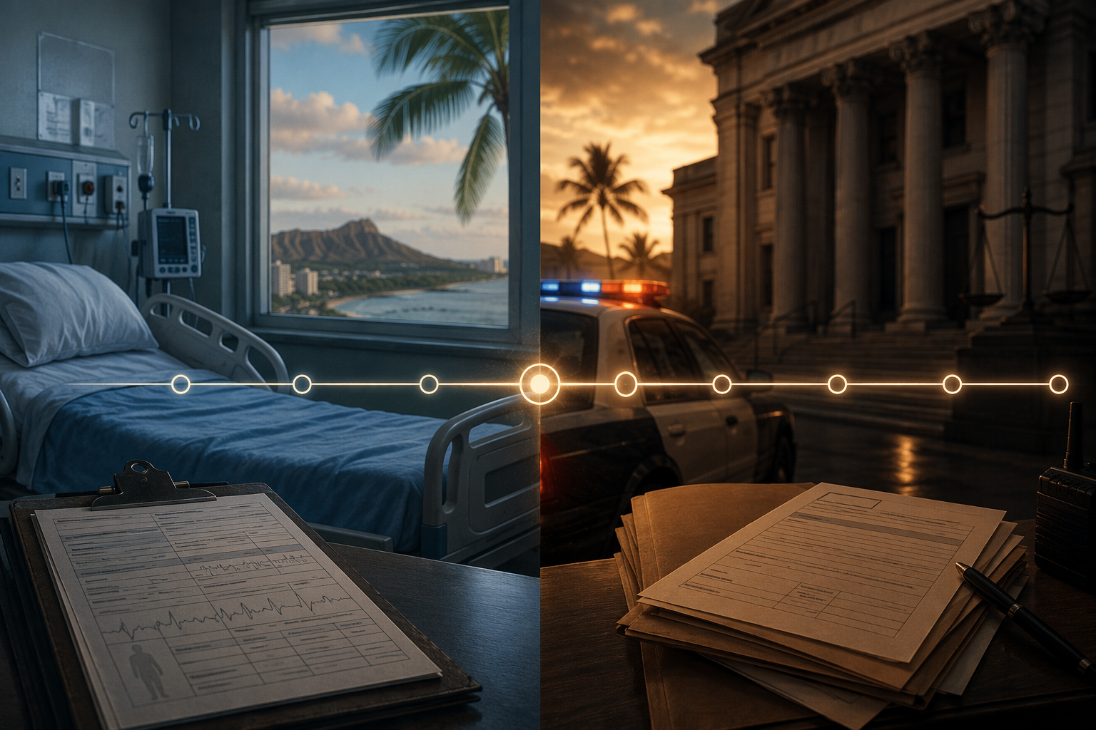 Editorial illustration connecting a 72-hour hospital hold and criminal charges filed on the same date