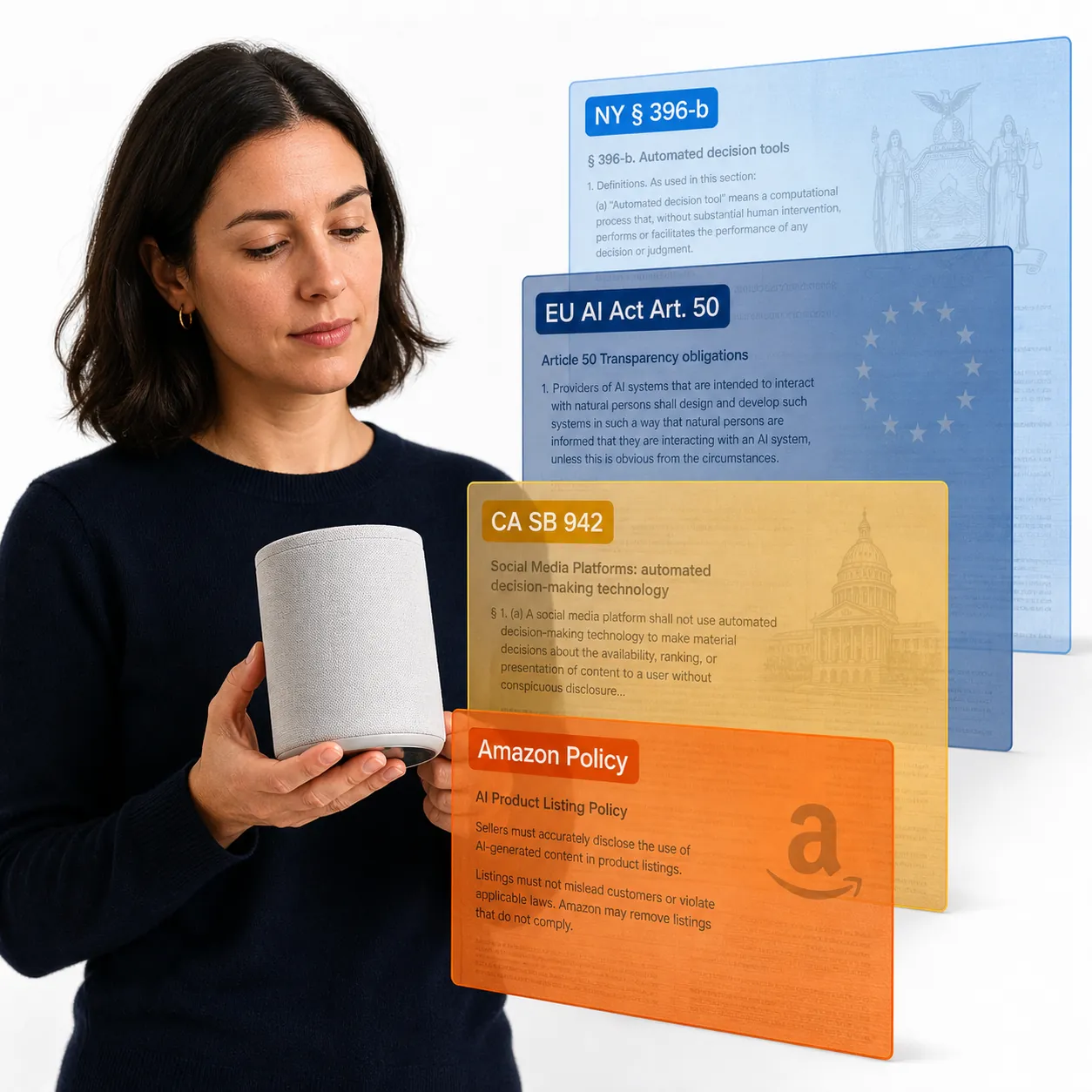 Photorealistic Amazon-style product listing image overlaid with layered panels for New York, EU AI Act, California, and Amazon policy obligations