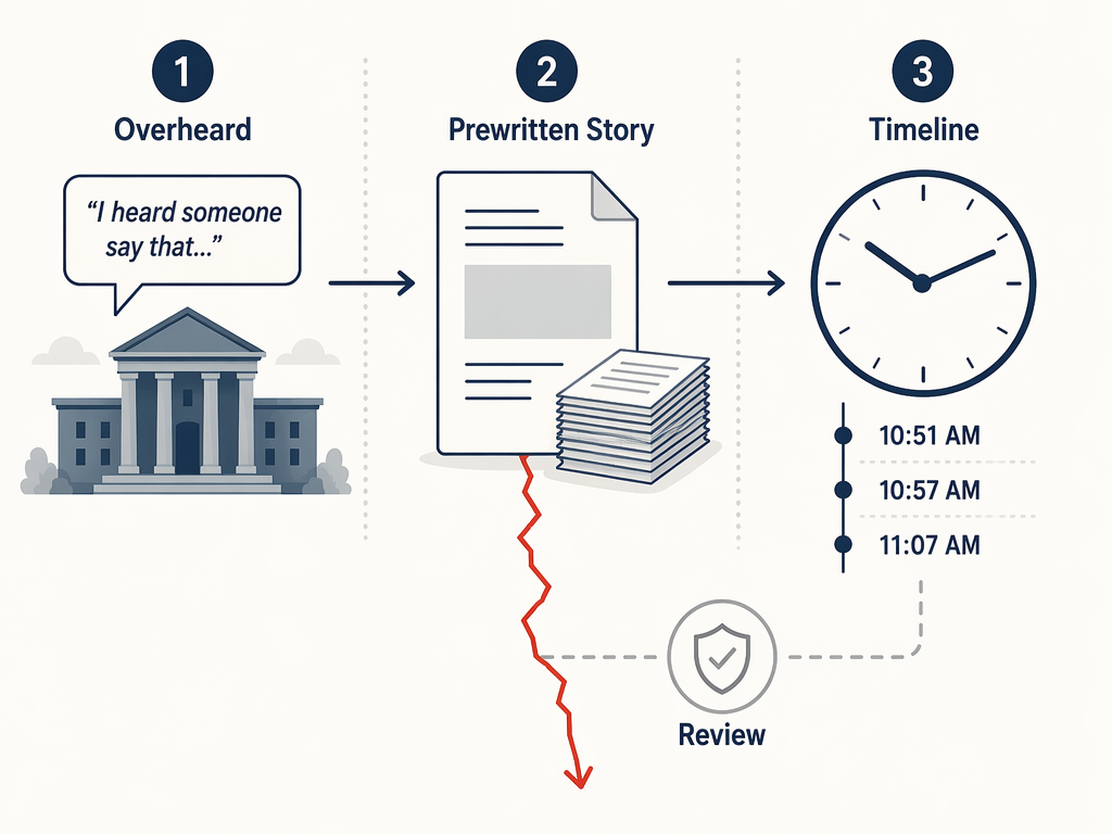 Workflow timeline showing an overheard courthouse phrase, a prewritten story, a bypassed review checkpoint, and correction times