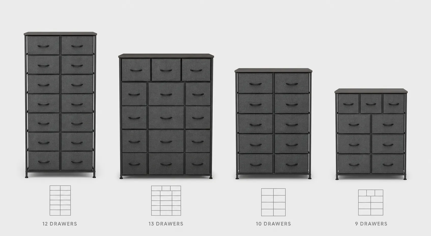 Four fabric dresser silhouettes labeled by drawer count for product identification