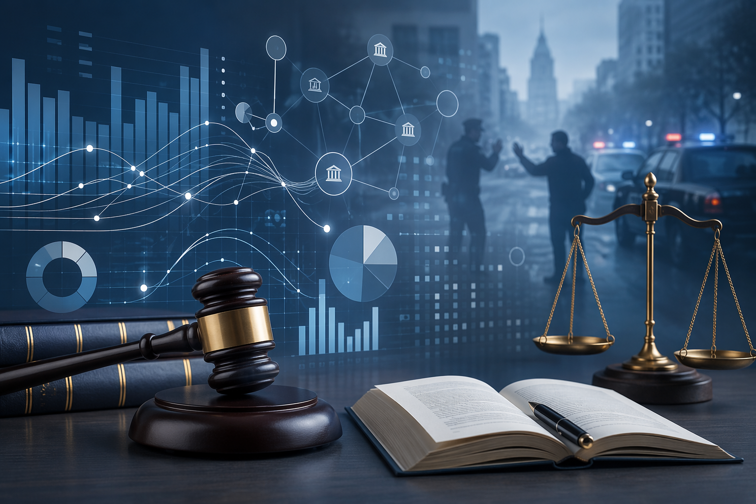 Abstract litigation analytics charts blended with courtroom imagery and urban silhouettes