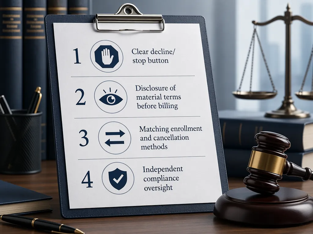 Compliance checklist with four subscription billing inspection items beside a gavel