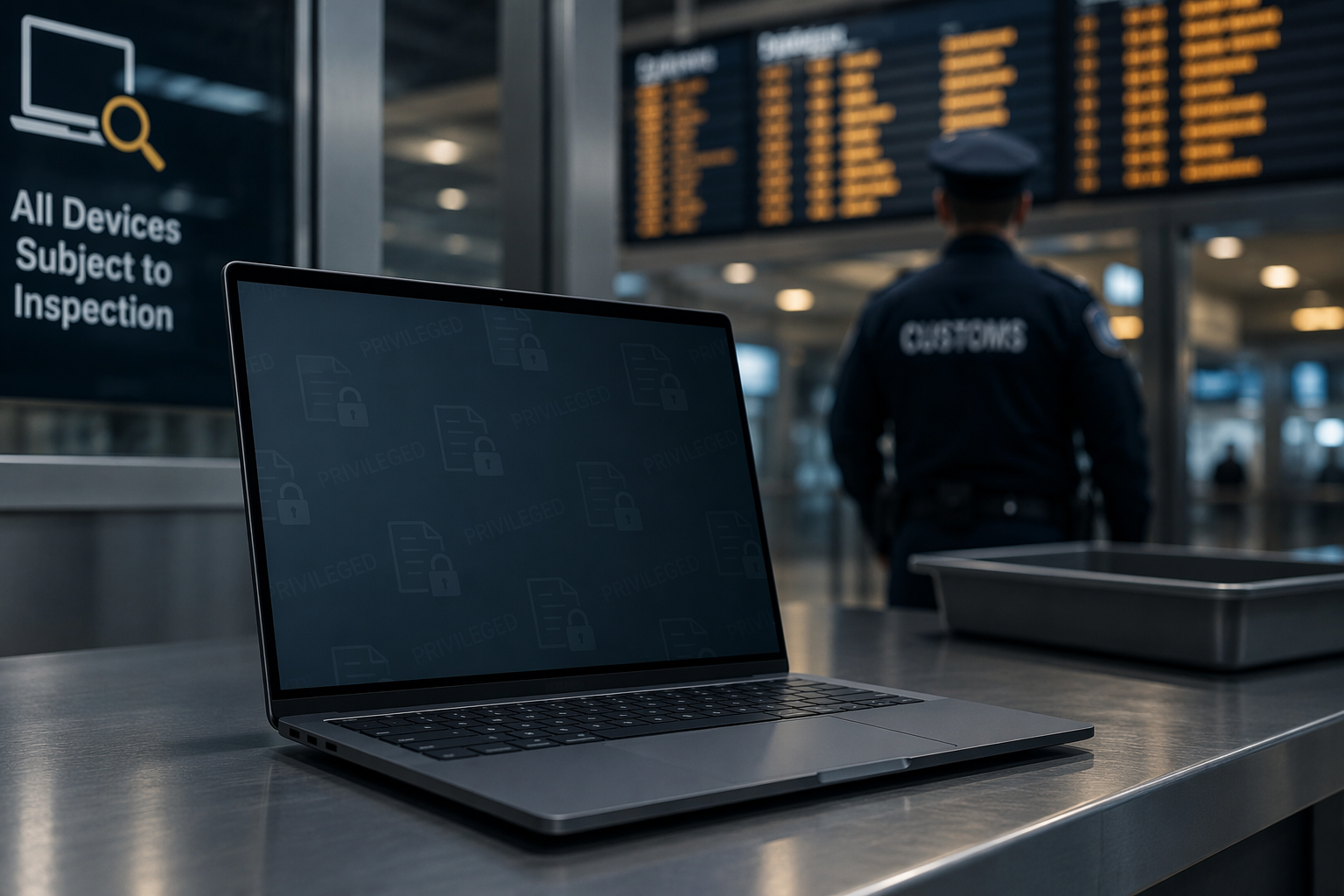 Laptop on a customs counter with locked document icons and privileged markings visible on the screen
