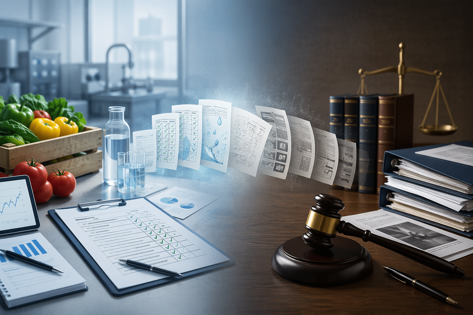 FSMA compliance documents and legal files beside a gavel, showing how regulatory records become litigation evidence