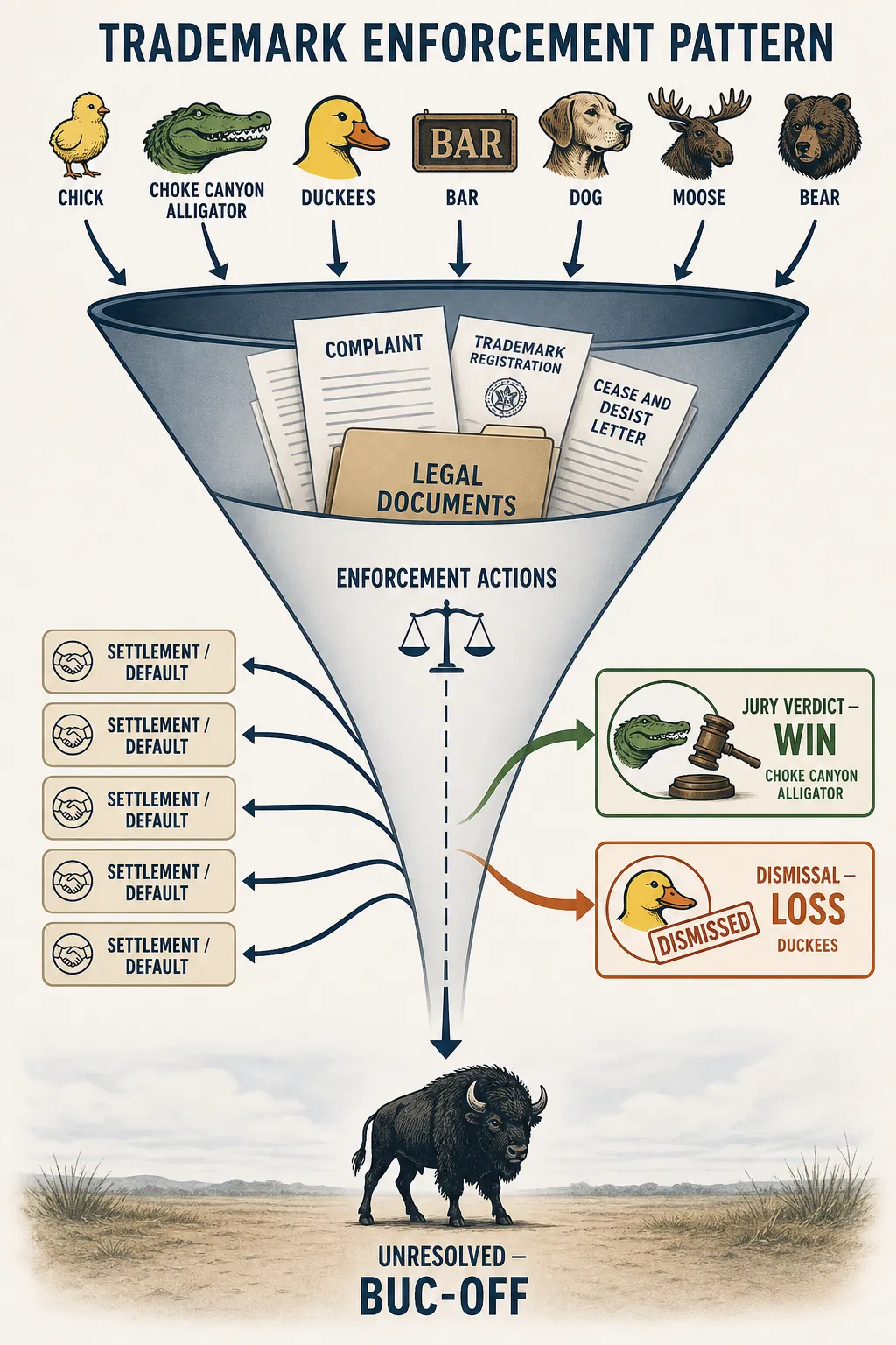 A funnel infographic showing small animal logo disputes leading mostly to settlement exits with separate paths to a jury verdict, dismissal, and unresolved large challenger