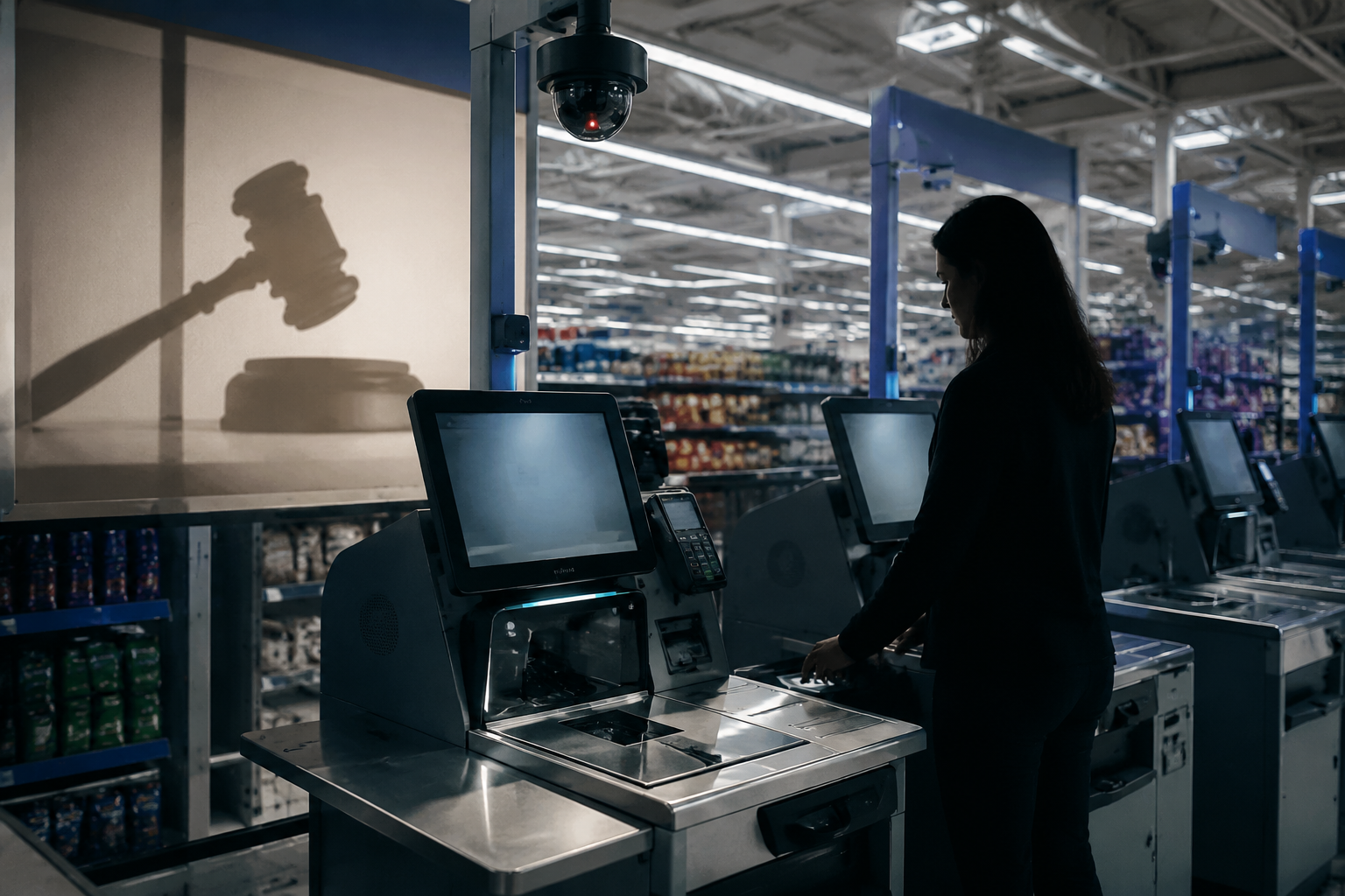 Retail self-checkout station shown as both a transaction point and enforcement infrastructure