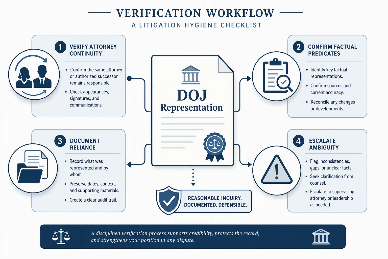 Editorial infographic showing a four-step verification workflow for DOJ representations