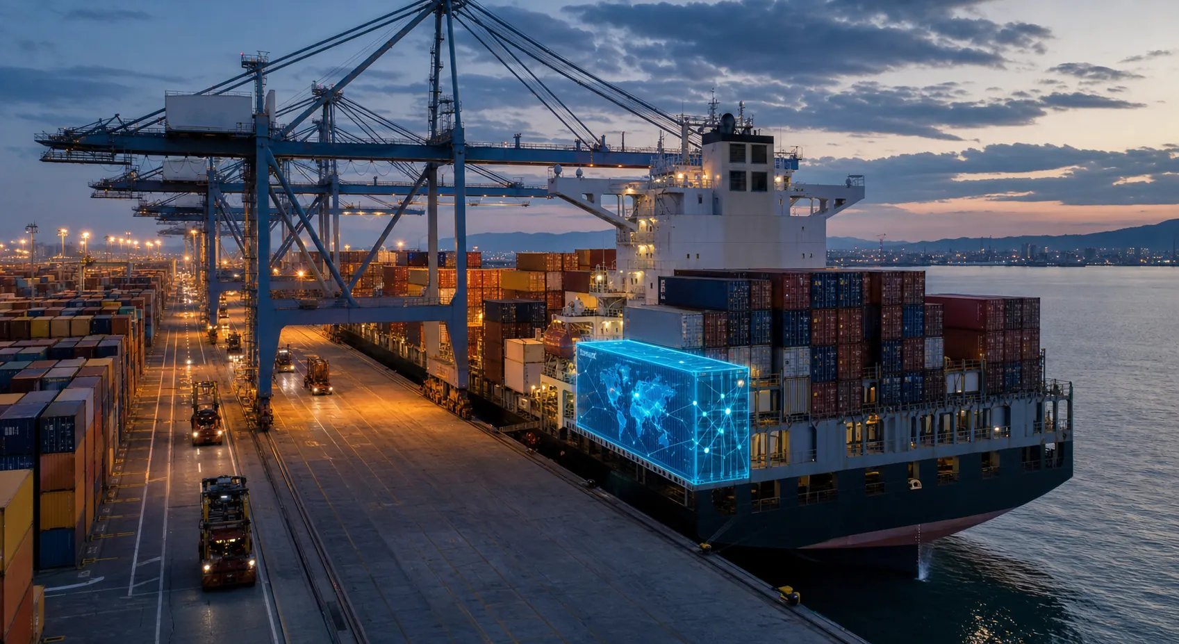 Cargo container ship at a European port with data overlay suggesting route intelligence monitoring