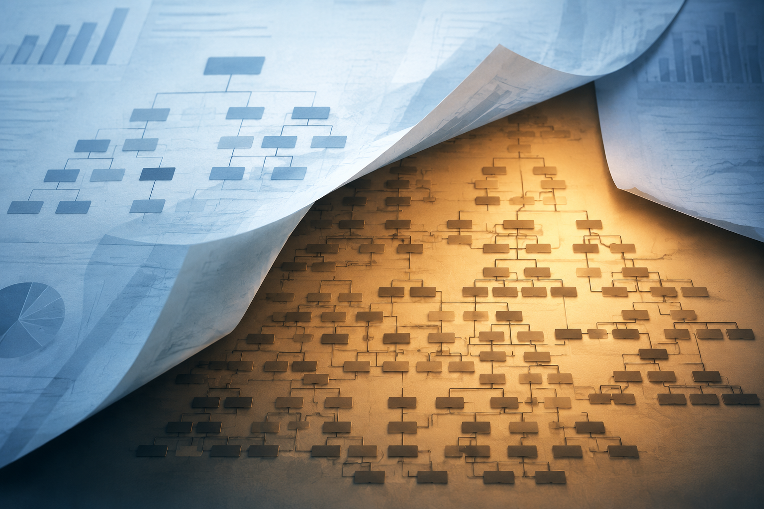 Layered holding company chart beneath report overlays showing a larger hidden network exposed under a disclosure gap