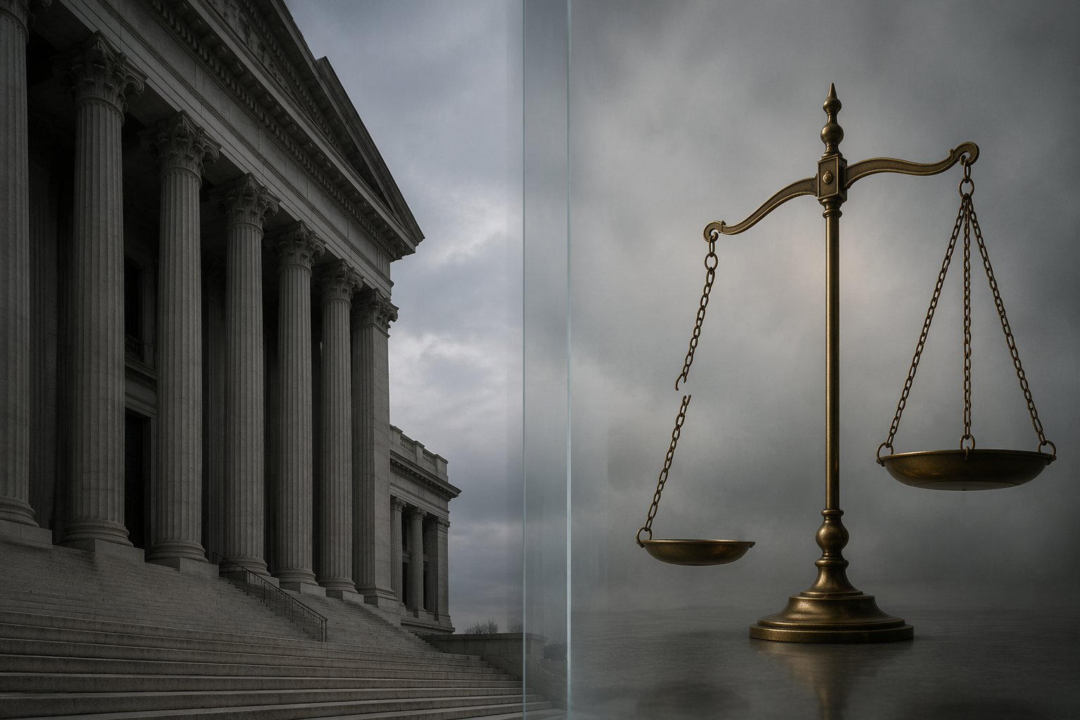 Stone government building facade separated from scales of justice with a broken chain