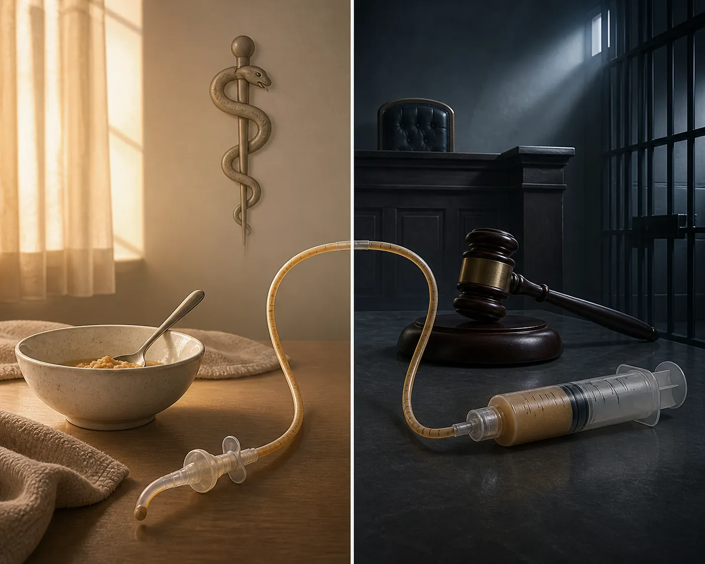 A split frame showing medical-ethics symbols and uneaten food on one side, and a gavel with prison bars on the other