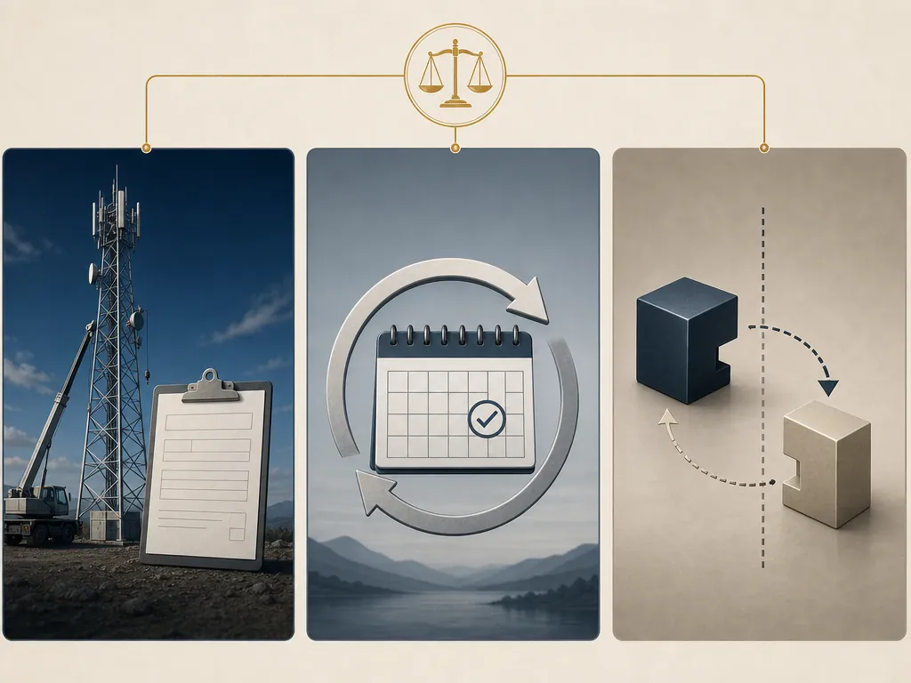 Three licensing review contexts showing a new grant, a renewal, and a transfer