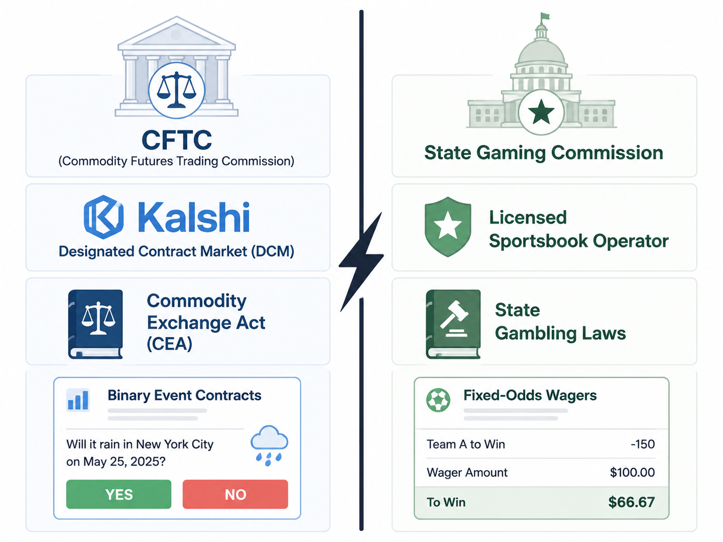 Side-by-side regulatory framework comparison showing CFTC and Kalshi on one side and a state gaming commission and sportsbook on the other