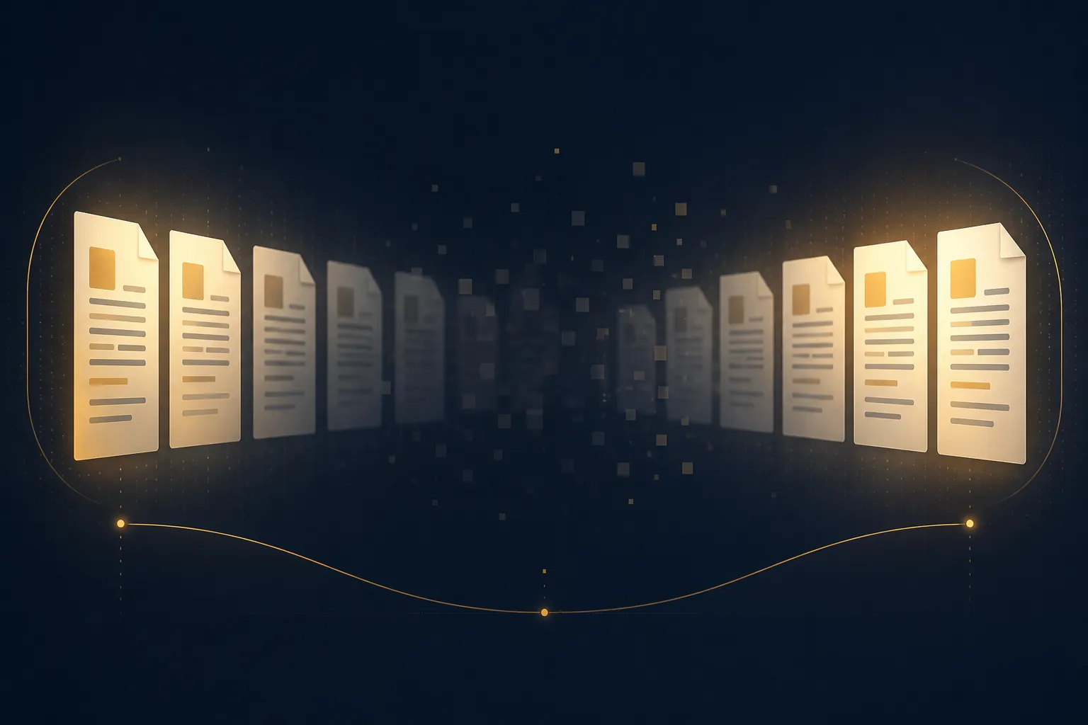 Documents clear at the edges and blurred in the center to illustrate lost-in-the-middle behavior
