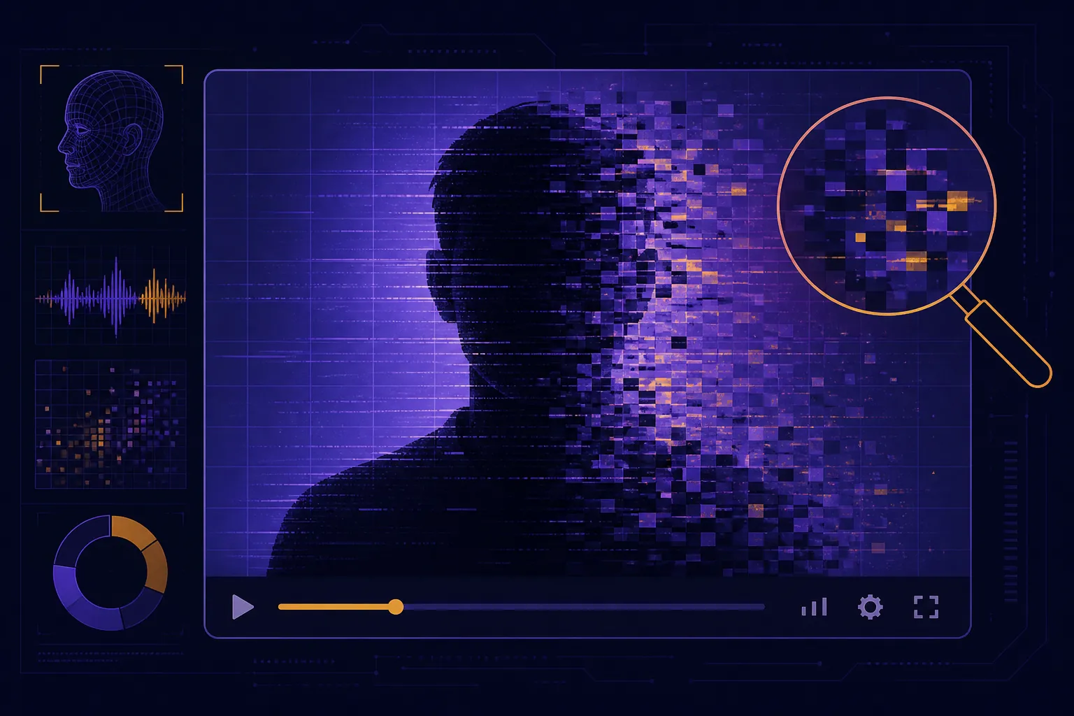 Illustration of a distorted video frame being examined for possible AI manipulation