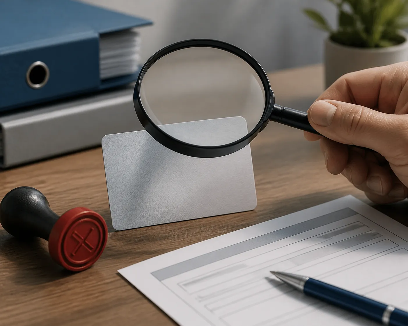 Magnifying glass inspecting an invalid work authorization card