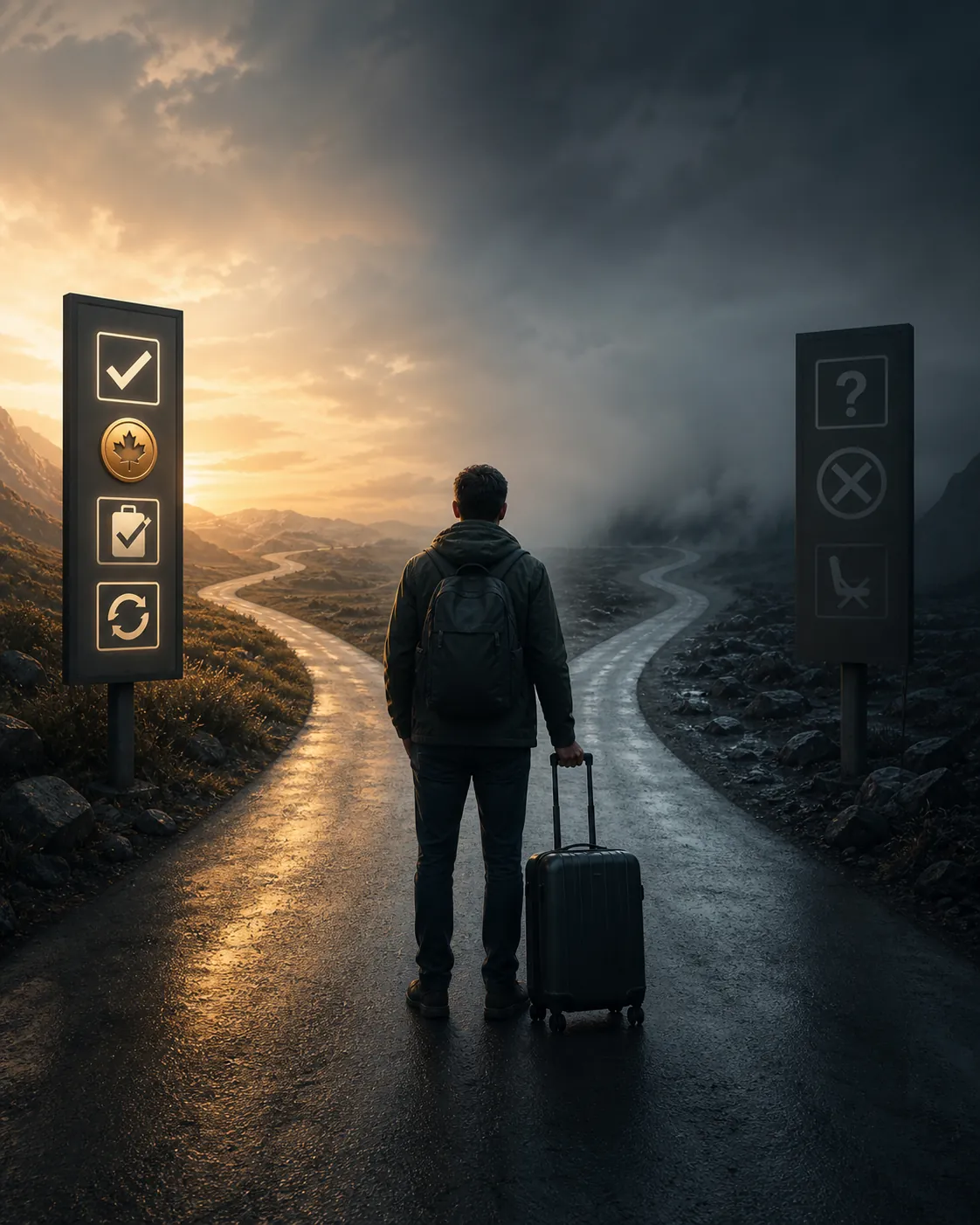 Traveler standing at a crossroads representing the cancellation classification decision