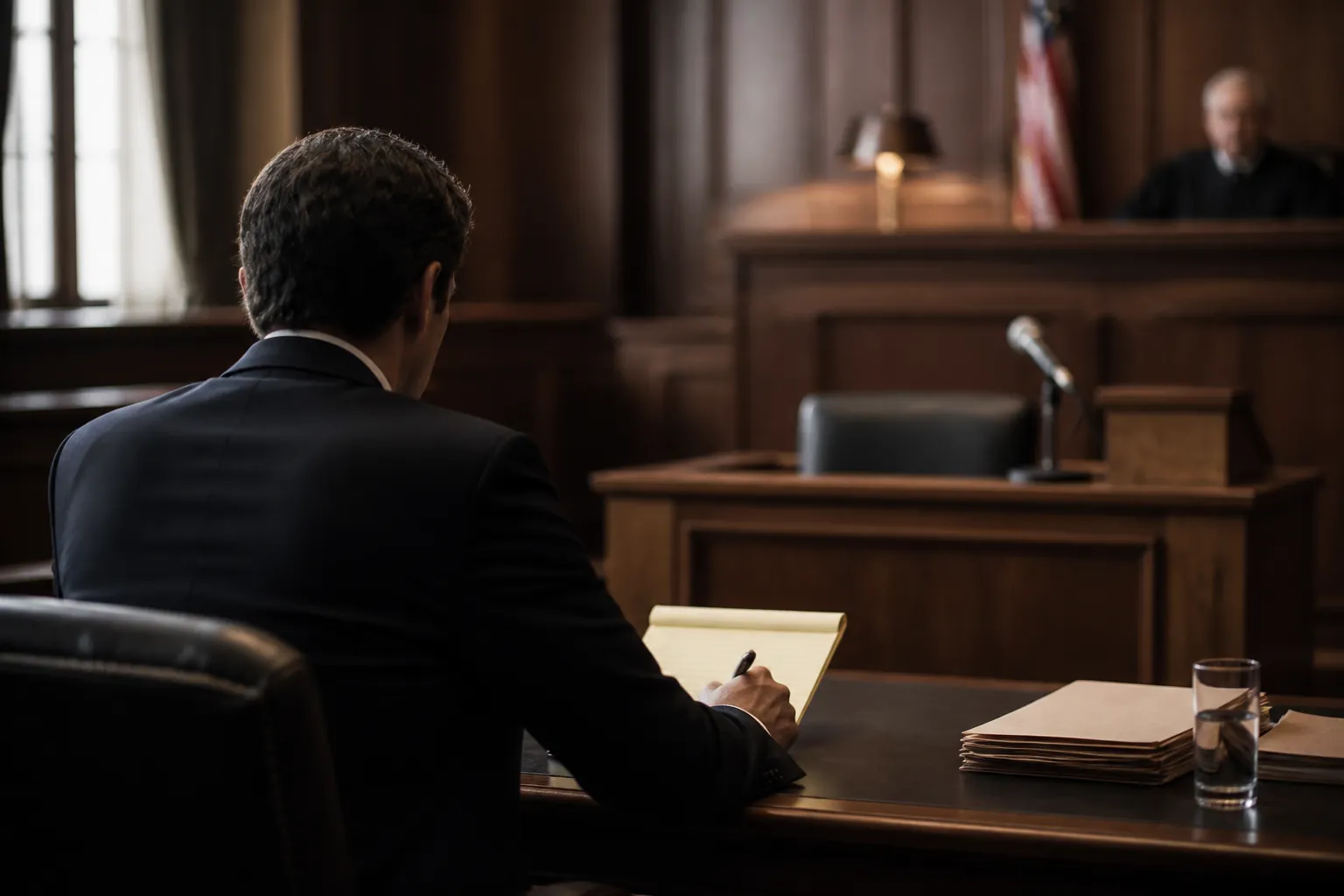 Courtroom scene viewed from behind the defense table, with an empty witness stand and a lawyer reviewing notes