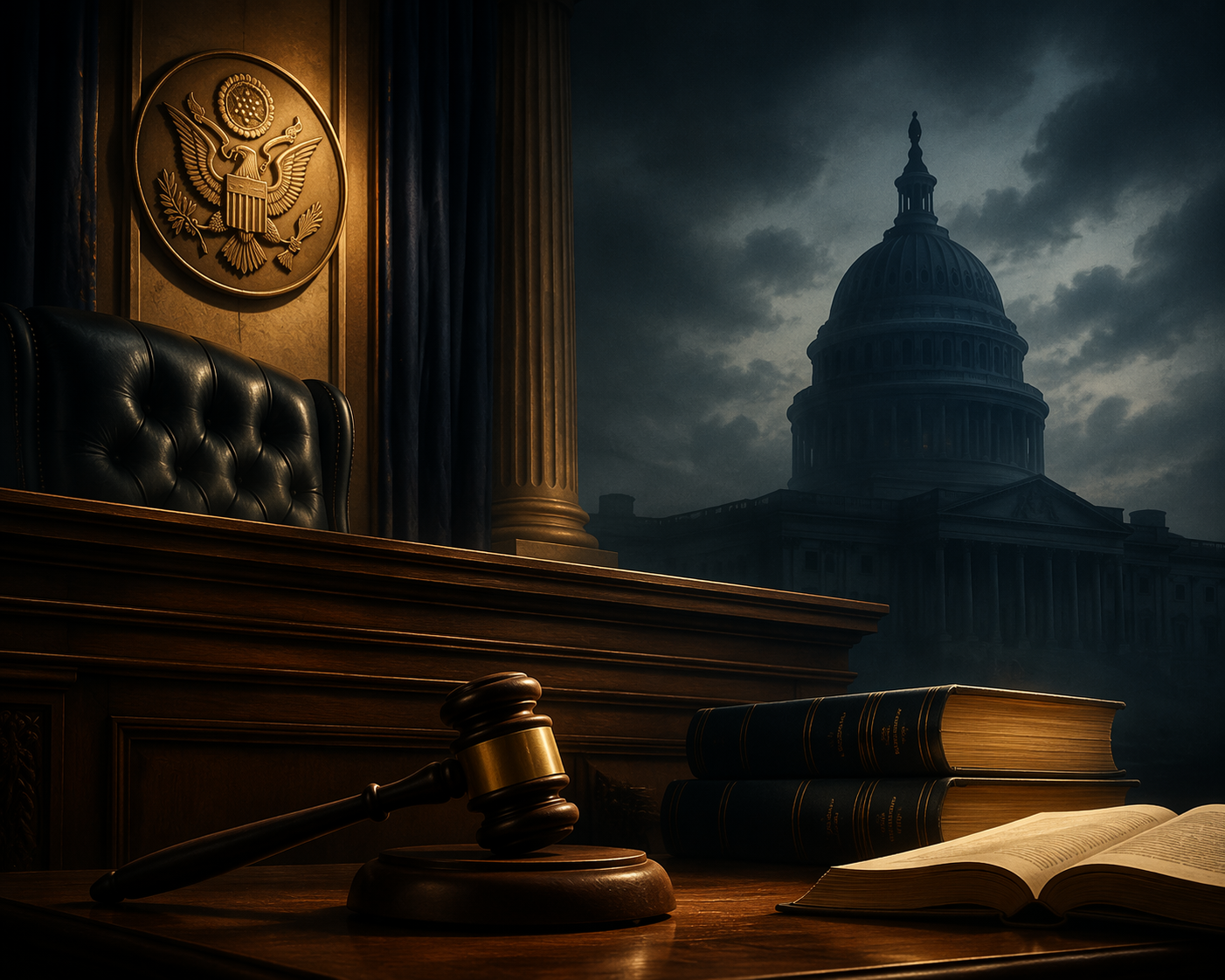 Courtroom bench and gavel with a shadowed government building in the background