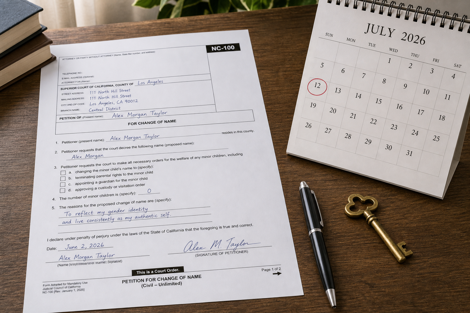 California Form NC-100 name change petition beside a July 2026 calendar with July 12 circled