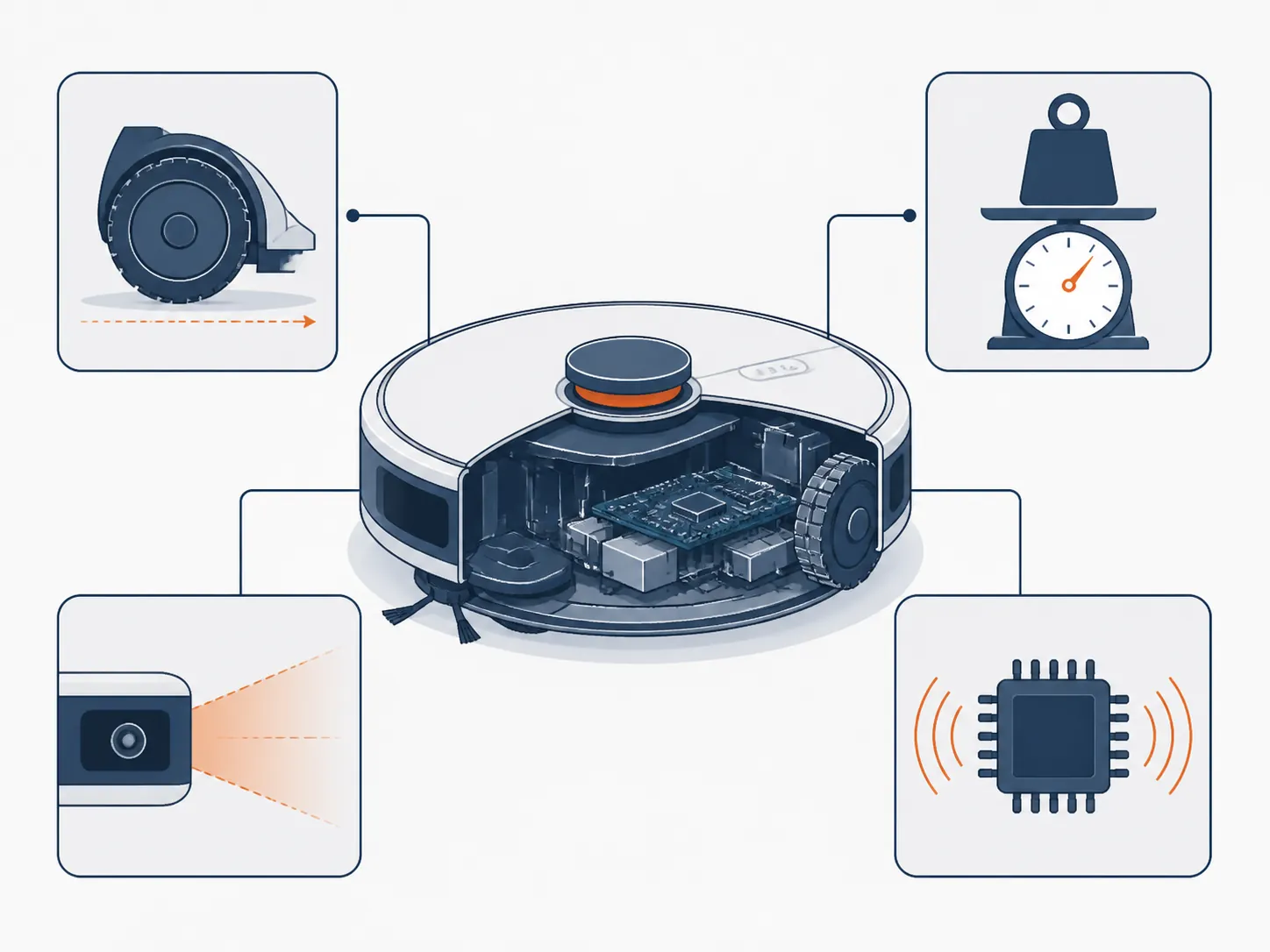 Checklist-style robot vacuum schematic showing weight, movement, sensor, and connectivity criteria