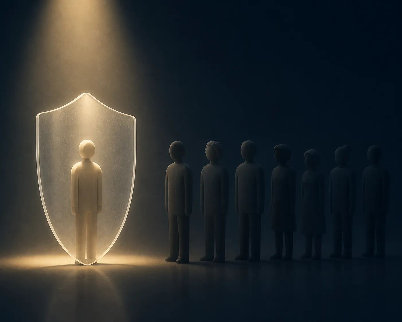 One figure protected by a translucent shield while other figures stand unshielded