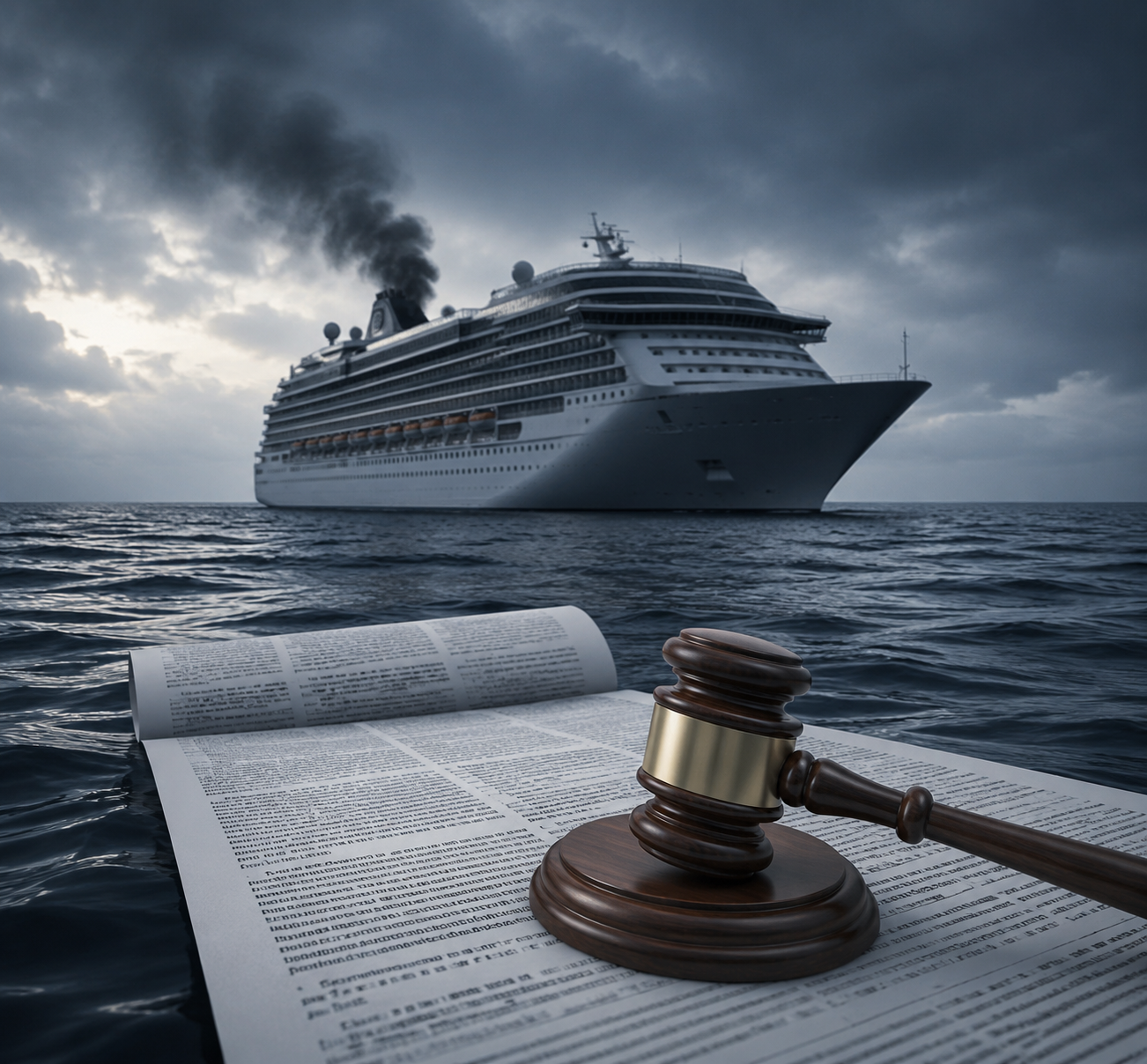 Cruise ship adrift at sea behind a dense passenger ticket contract and judge's gavel