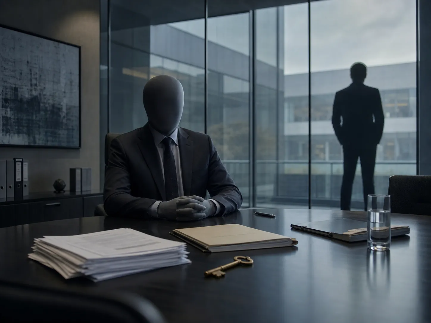 Official seated at a conference table with corporate documents and a brass key while an owner watches from behind glass