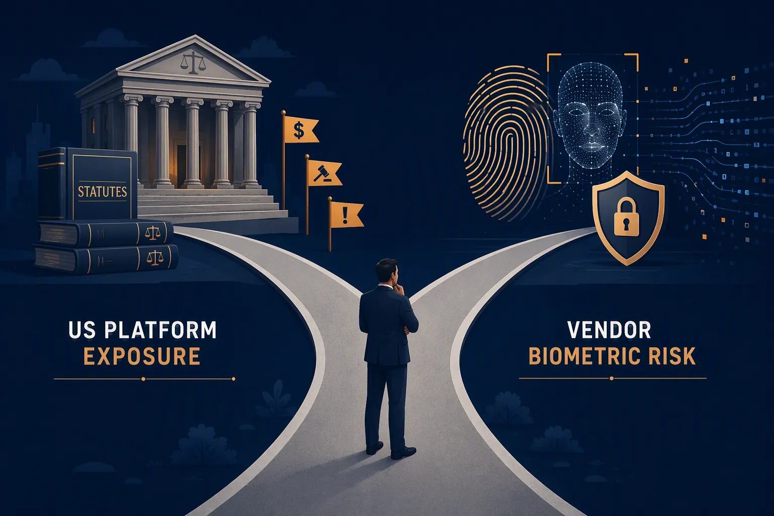 Forking compliance path splitting between U.S. platform exposure and vendor biometric risk