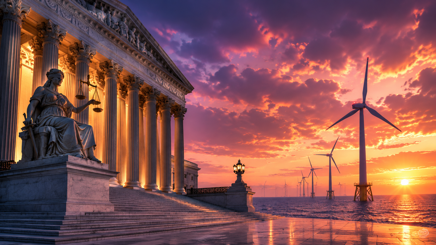 Federal courthouse columns facing offshore wind turbines at twilight