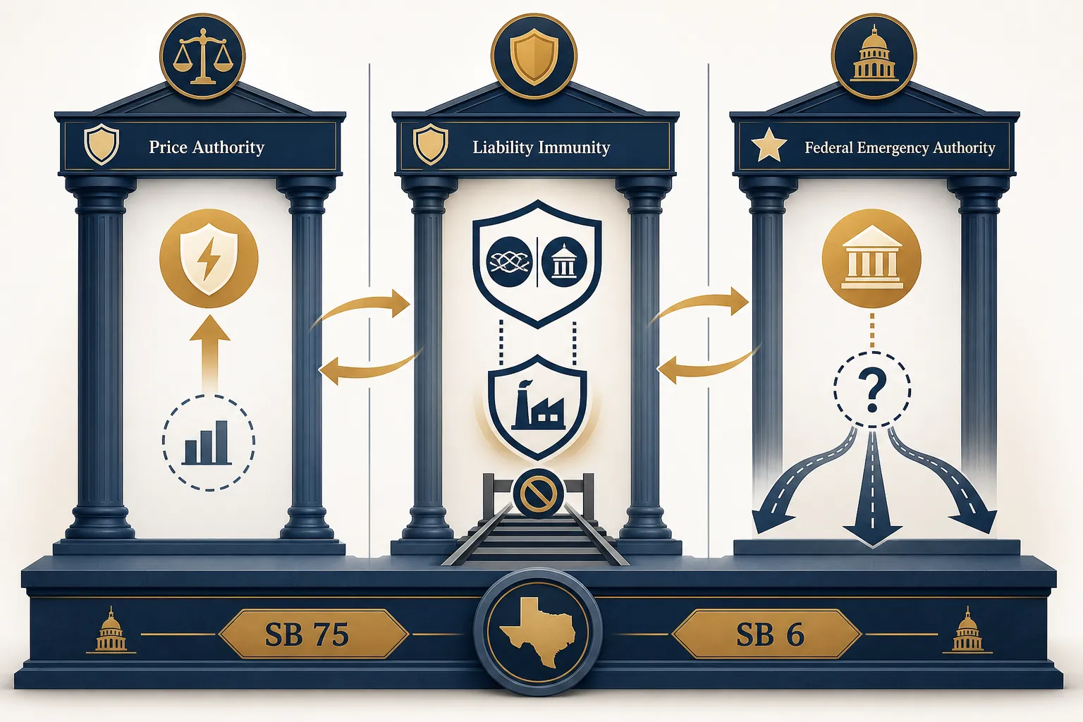 Three pillars showing settled price authority, closed liability immunity, and unresolved federal emergency authority for the Texas grid