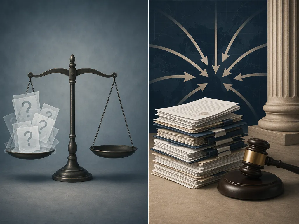 Split illustration contrasting unsupported allegations with accumulated official documents and systemic risk