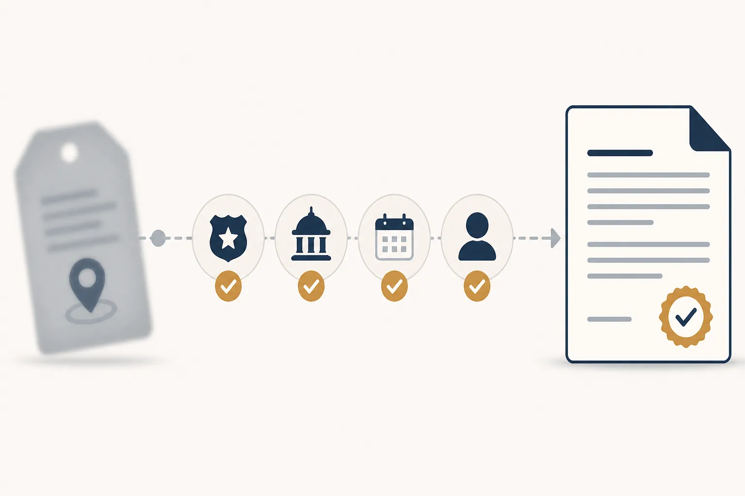 Verification workflow from a blurred location tag through case number, court, date, and name checks to a verified document